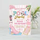 ピンクストライプ サッカー プールパーティー 女の子 誕生日 招待状 (スタンド正面)