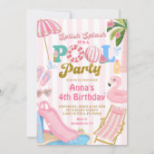 ピンクストライプ プールパーティーガール誕生日 招待状 (正面)
