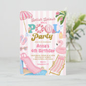 ピンクストライプ プールパーティーガール誕生日 招待状 (スタンド正面)