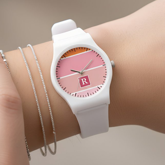 ピンクストライプ、白、オレンジ色のモノグラムの 腕時計 (pink striped feminine watch)