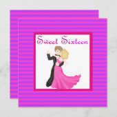 ピンクストライプSWEET SIXTEEN踊り対 招待状 (正面/裏面)
