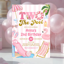 ピンクストライプTWO THEプールパーティーガール誕生日 招待状