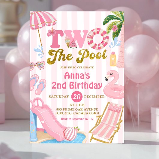 ピンクストライプTWO THEプールパーティーガール誕生日 招待状
