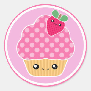 ピンクストロベリーかわいいカップケーキステッカー ラウンドシール
