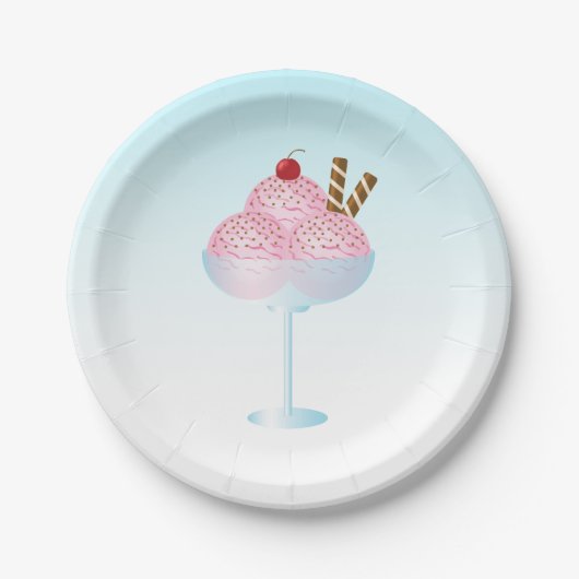 ピンクストロベリーアイスクリームサンデイラストレーション ペーパープレート (正面)