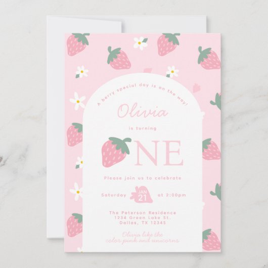 ピンクストロベリーバースデーパーティーの招待状 招待状 (正面)