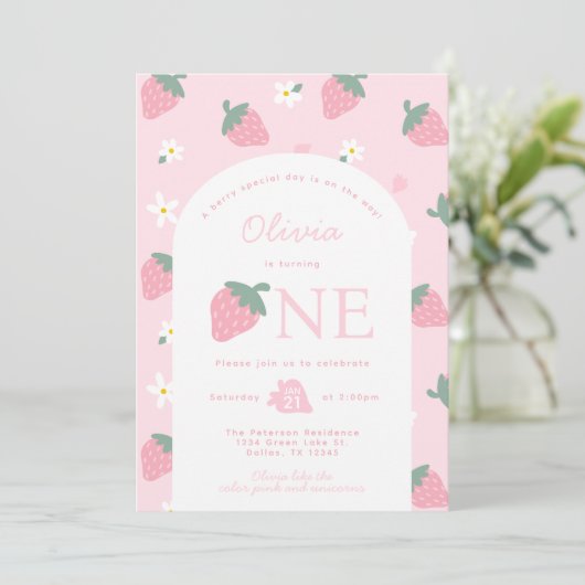 ピンクストロベリーバースデーパーティーの招待状 招待状 (スタンド正面)