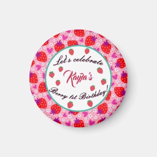 ピンクストロベリーファースト誕生日パパーソナライズされたーティ マグネット (正面)