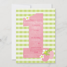 ピンクストロベリーファースト誕生日パーティーの招待状 招待状