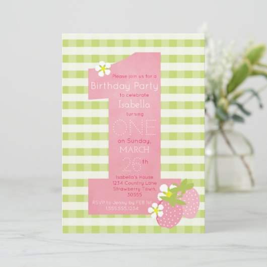 ピンクストロベリーファースト誕生日パーティーの招待状 招待状 (スタンド正面)