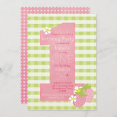 ピンクストロベリーファースト誕生日パーティーの招待状 招待状 (正面/裏面)