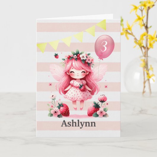 ピンクストロベリーフェアリー3回目の誕生日 カード (黄色い花)