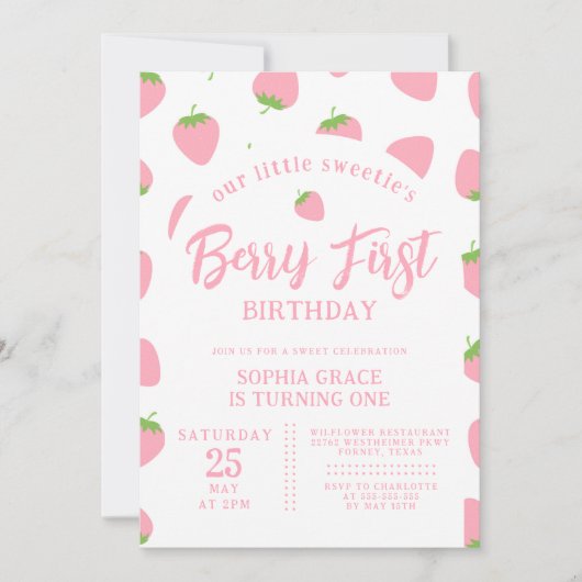 ピンクストロベリーフォトベリー第1誕生日 招待状 (正面)