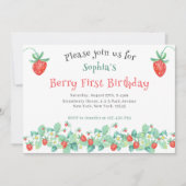 ピンクストロベリーベリーファースト誕生日 招待状 (正面)