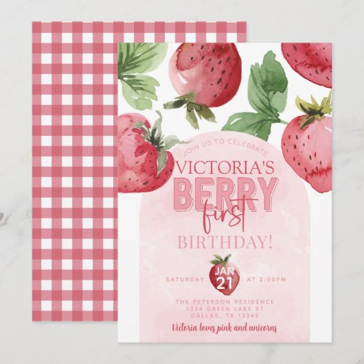 ピンクストロベリーベリー最初の誕生日パーティー 招待状 (正面/裏面)