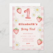 ピンクストロベリー誕生日招待状 招待状 (正面/裏面)