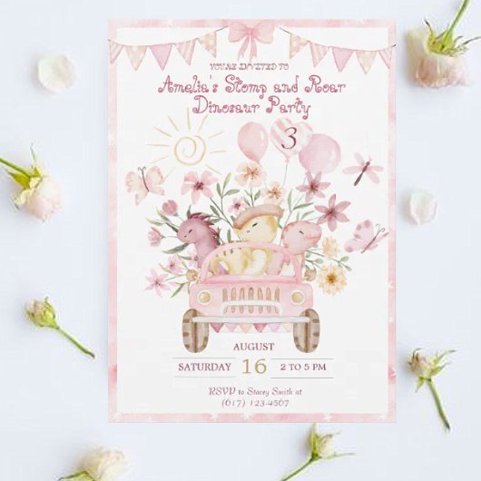 ピンクストンプと轟音の恐竜誕生日 招待状