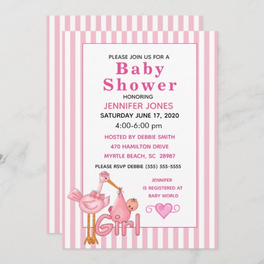 ピンクストークとベビーバンドルベビーシャワー招待状 招待状 (正面/裏面)