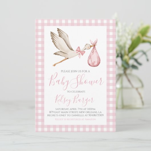 ピンクストークガール名門私立校風のサザンベビーシャワー 招待状 (スタンド正面)