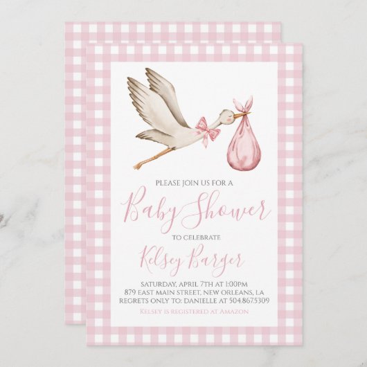 ピンクストークガール名門私立校風のサザンベビーシャワー 招待状 (正面/裏面)