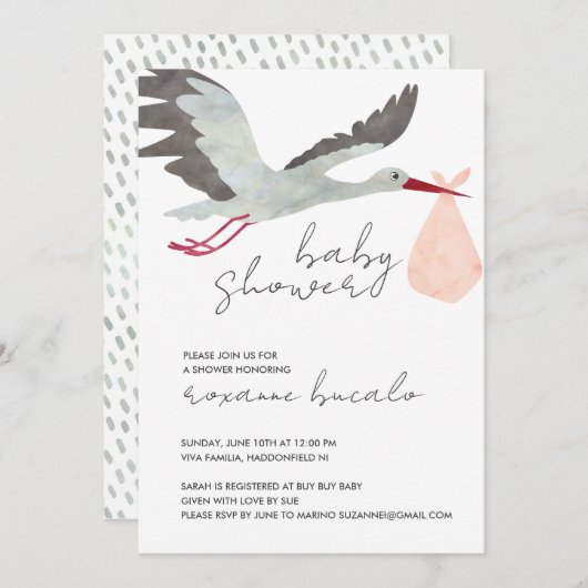 ピンクストークベビーシャワー招待状 招待状 (正面/裏面)