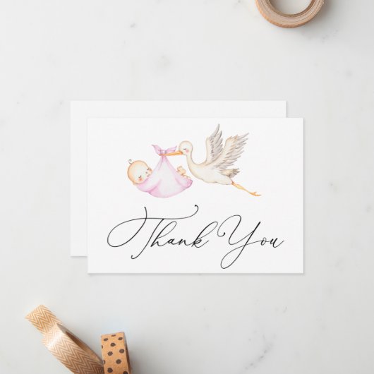 ピンクストーク赤ちゃんシャワーありがとうノートカード ノートカード (正面/裏面インサイチュ)
