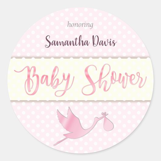 ピンクストーク赤ちゃん女の子ベビーシャワー ラウンドシール (正面)