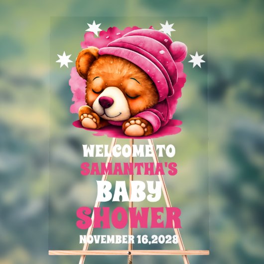 ピンクスナグルテディベアガールベビーシャワーへようこそ アクリルサイン (ニュートラル)