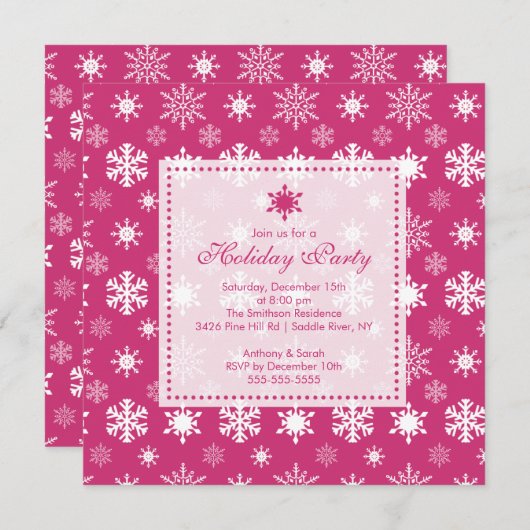 ピンクスノスタイリッシューフレークズホリデーパーティ招待状 招待状 (正面/裏面)