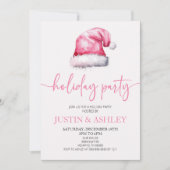 ピンクスノーサンタハットクリスマスホリデーパーティー 招待状 (正面)