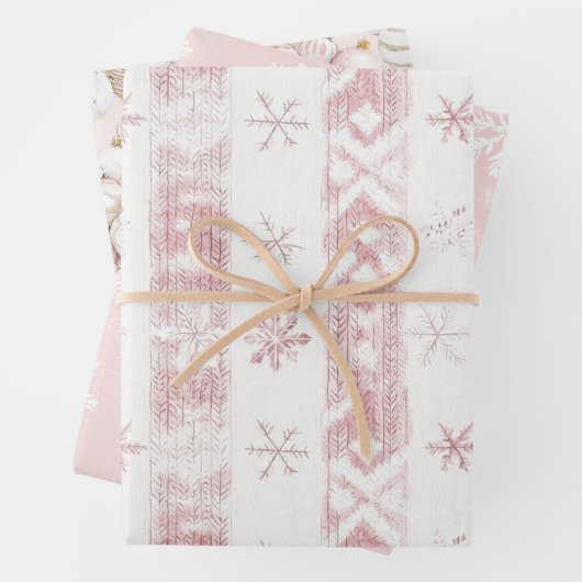 ピンクスノーフレークかわいらしオーナメントクリスマス ラッピングペーパーシート (インサイチュ)