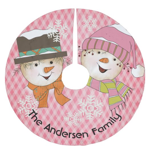 ピンクスノーフレークと雪だるまホリデーツリースカート ブラッシュドポリエステルツリースカート (正面)