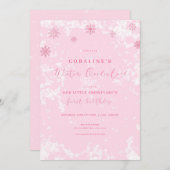 ピンクスノーフレークウィンターオネダーランド誕生日招待状 招待状 (正面/裏面)