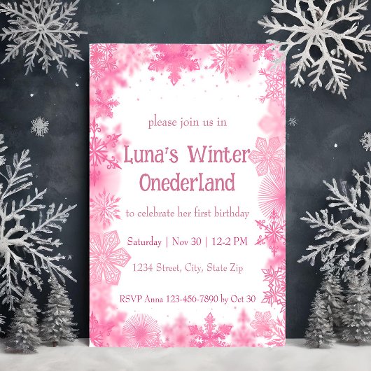 ピンクスノーフレークウィンターオンダーランドパーティー 招待状