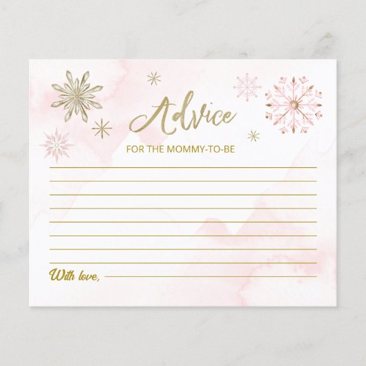 ピンクスノーフレークウィンターガールベビーシャワーアドバイスカード (正面)