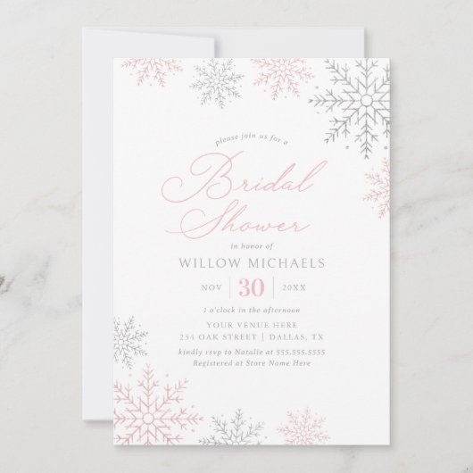 ピンクスノーフレークウィンターブライダルシャワー 招待状 (正面)