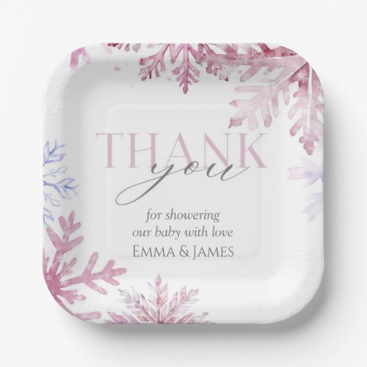 ピンクスノーフレークウィンターホリデー紙プレート ペーパープレート (正面)