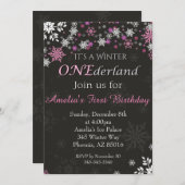 ピンクスノーフレークウィンターワンダーランドガール誕生日 招待状 (正面/裏面)