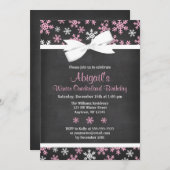 ピンクスノーフレークスウィンターオンダーランドシャルボードボウ 招待状 (正面/裏面)