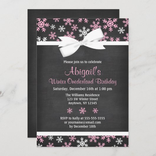 ピンクスノーフレークスウィンターオンダーランドシャルボードボウ 招待状 (正面/裏面)