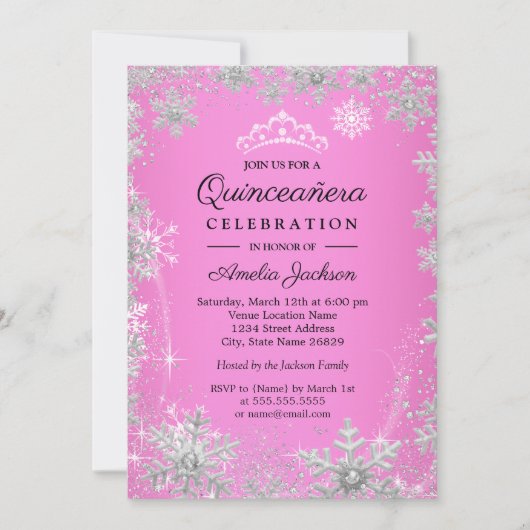 ピンクスノーフレークスウィンターワンダーランドキンセアニェラ 招待状 (正面)