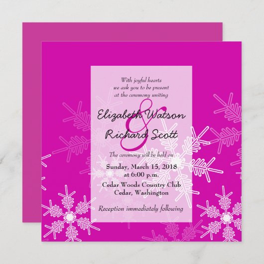 ピンクスノーフレークスクリスマス結婚式招待状 招待状 (正面/裏面)