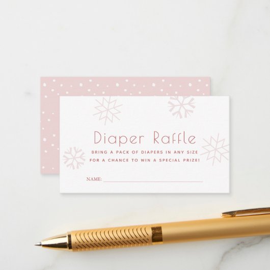 ピンクスノーフレークスベビーシャワーおむつラッフルチケット エンクロージャーカード (正面/裏面インサイチュ)