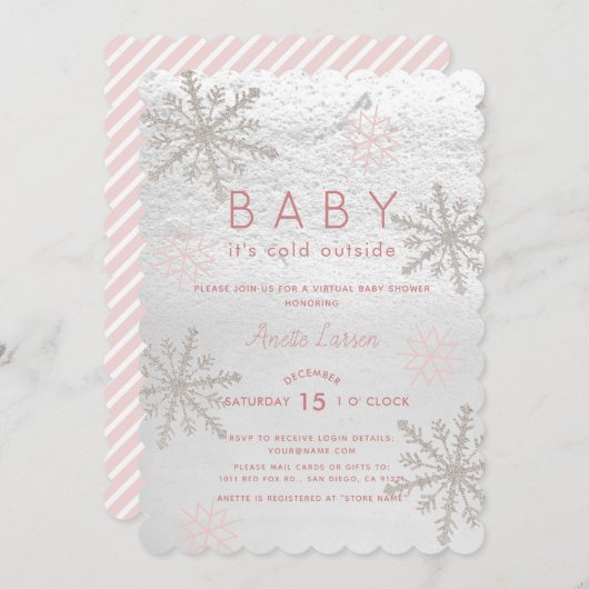 ピンクスノーフレークベビーその冷たいバーチャルベビーシャワー 招待状 (正面/裏面)