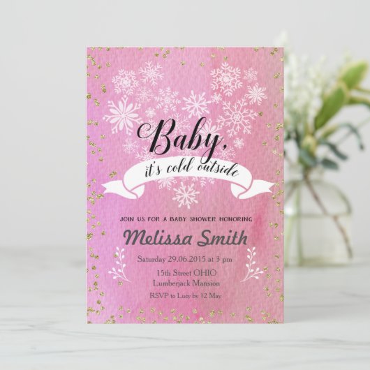 ピンクスノーフレークベビー寒い外招待状 招待状 (スタンド正面)