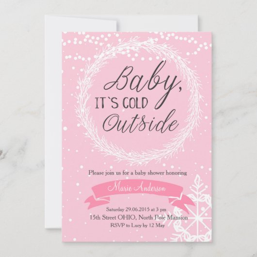 ピンクスノーフレークベビー寒い外招待状 招待状 (正面)