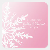 ピンクスノーフレーク冬の結婚式ありがとうメッセージカード スクエアシール (正面)