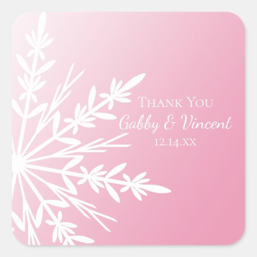 ピンクスノーフレーク冬の結婚式ありがとうメッセージカード スクエアシール (正面)