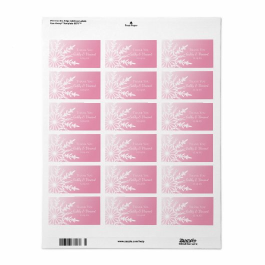ピンクスノーフレーク冬の結婚式ありがとうメッセージカード ラベル (フルシート)