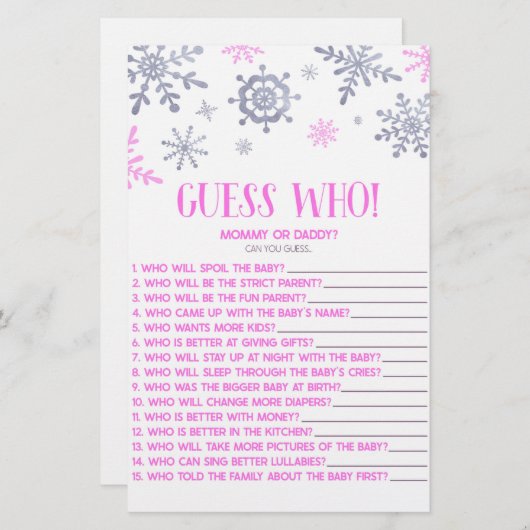 ピンクスノーフレーク誰を当てろ！赤ちゃんシャワーゲーム 便箋 (正面/裏面)